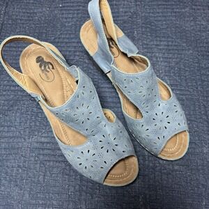 Sling Back Peep Toe Chunky Heel Sandals Blue Good Choice Leatherette Size 9W